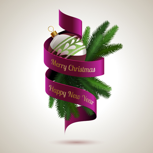 Christmas baubles with purple ribbon vector material ribbon christmas baubles   