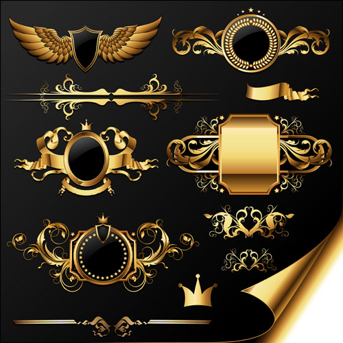 Golden heraldic and decor elements vector 03 heraldic golden gold elements element decor   
