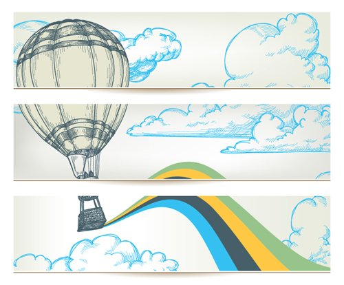 Hand drawn Hot air balloon in the sky banner vector sky Hot air balloon hand drawn banner   