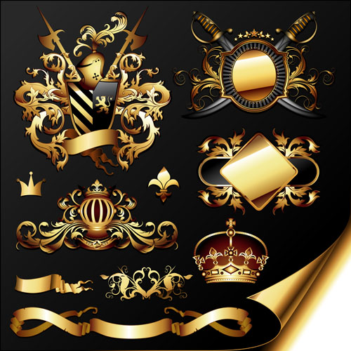 Golden heraldic and decor elements vector 02 heraldic golden gold elements element decor   