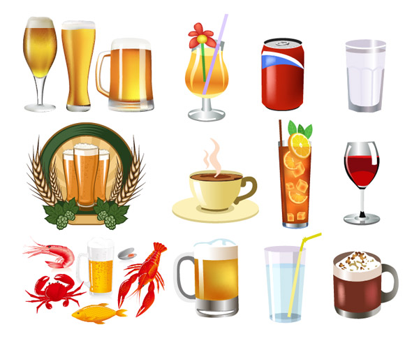 The beer and beverage etc. vector set wine wheat summer drinks shrimp shellfish lobster lemon tea glass fish drinks crab cold drinks cola coffee Cans beer   