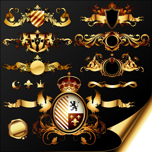 Golden heraldic and decor elements vector 01 heraldic golden gold elements element decor   