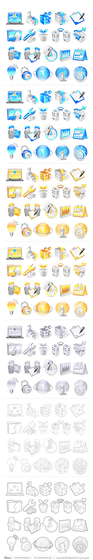 Blue and orange business icons vector user statistics lock lighting houses and shops earth disk curve clock buildings   
