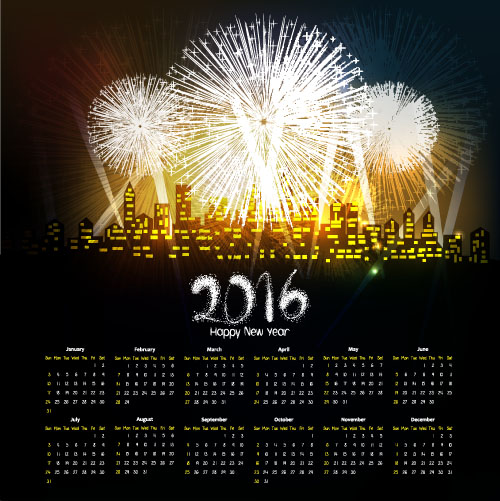 Fireworks with 2016 calendar vectors Fireworks calendar 2016   