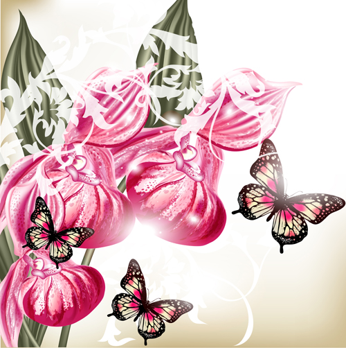 Vintage flowers with butterflies vector 01 flowers butterflies   