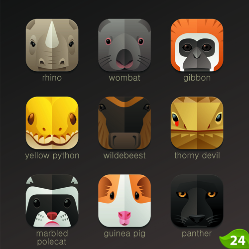 Funny animal icons flat style vector 17 icons funny Animal   