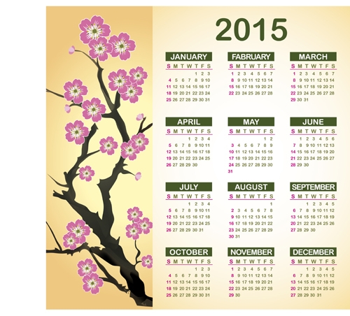 2015 Calendar with plum flower vector plum flower calendar 2015   