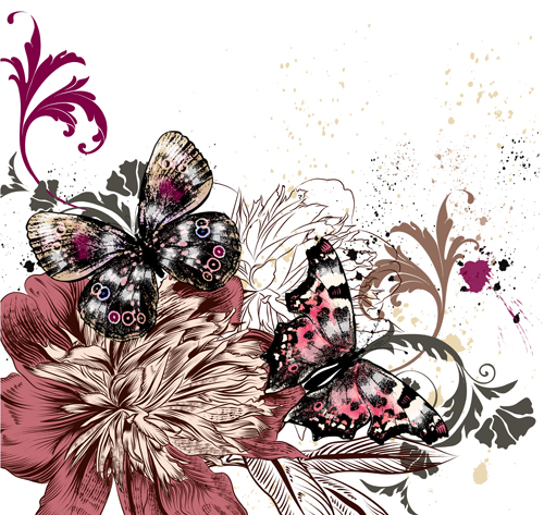 Vintage flowers with butterflies vector 02 flowers butterflies   