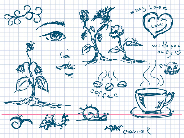 Coffee and other elements of plant art snail plant pattern Nose lines heart hand painted flowers and plants facial features eyes Eyebrows coffee cup coffee beans arbitrary   