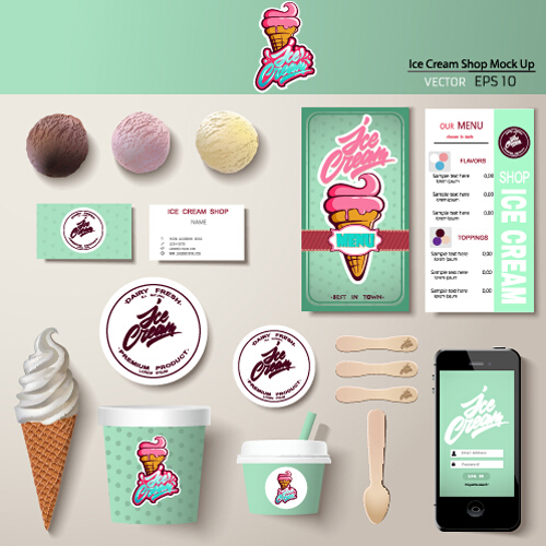 Ice cream with cards and phone vector   