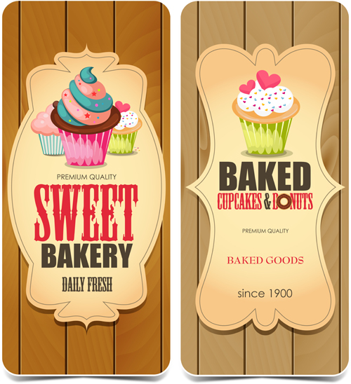 Baked cupcake cards with wood background vector wood cupcake cards baked background   