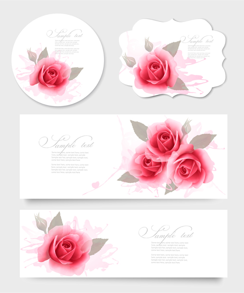 Pink rose banner and cards vector rose pink cards banner   