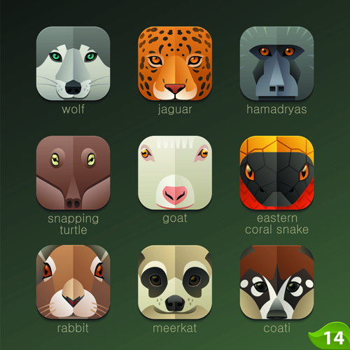 Funny animal icons flat style vector 11 icons funny Animal   