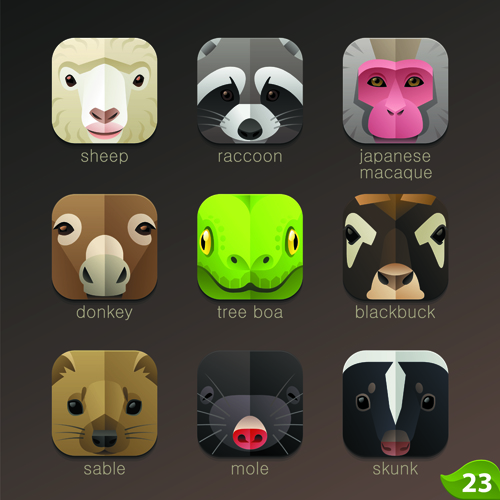 Funny animal icons flat style vector 14 icons funny Animal   