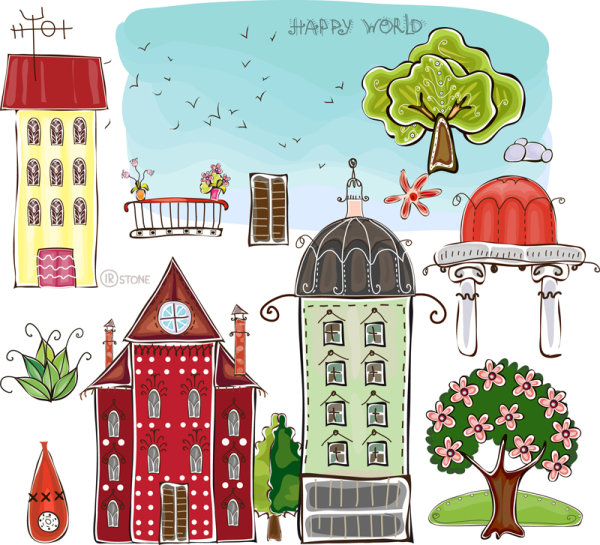 Set of cartoon City elements vector 01 elements element city cartoon   