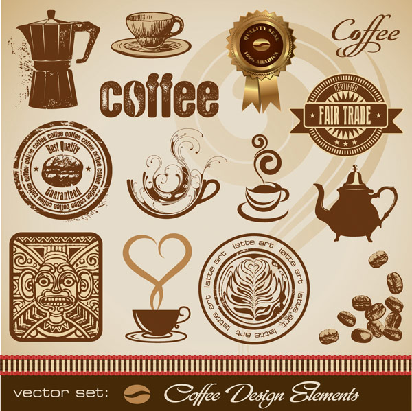 The gold medal coffee style design vector Totem smoke seal medal label kettle heart shaped coffee maker coffee cup coffee beans coffee   