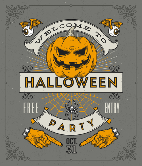 Vintage halloween party vector poster set 04 vintage poster party halloween   