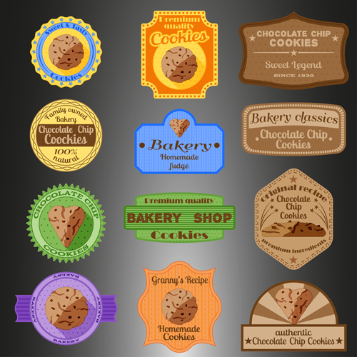 Chocolate chip cookies badges with labels vector set labels cookies chocolate badges   