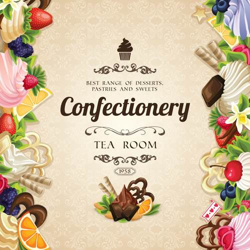 Creative confectionery with sweet background vector 01 sweets sweet desserts dessert confectionery background vector background   
