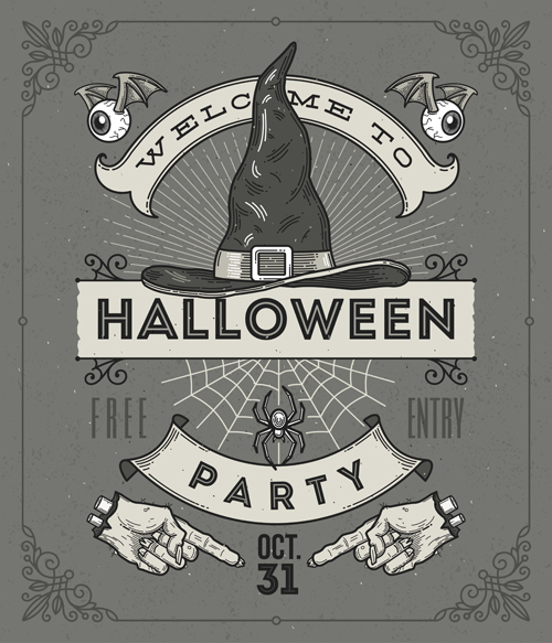 Vintage halloween party vector poster set 05 vintage poster party halloween   