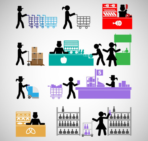 Supermarket staff figures silhouette vector   