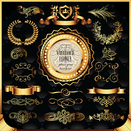 Ornaments golden labels with ribbon luxury vector ornaments luxury golden   