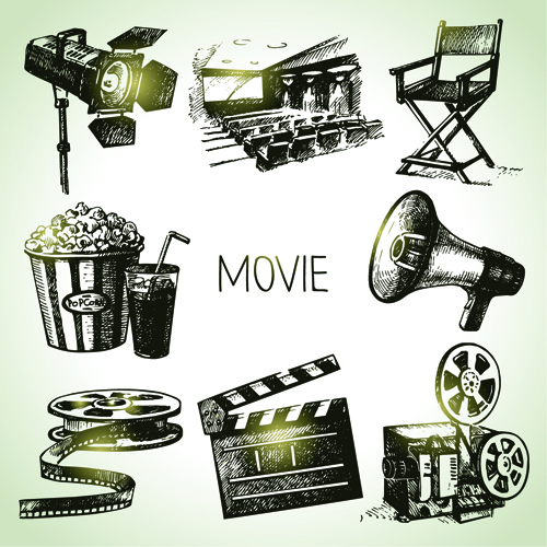 Hand drawn movie elements vector icons movie icons icon hand drawn elements element   