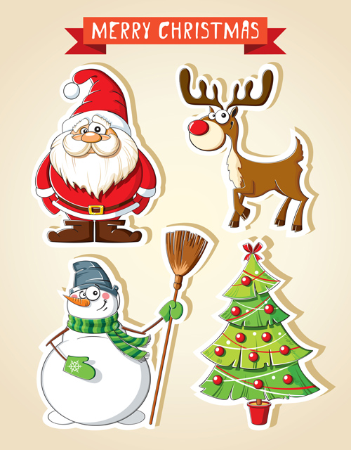 Christmas santa with tree deer and snowman stickers vector   