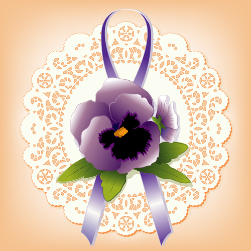 Round lace with purple flower card vector   