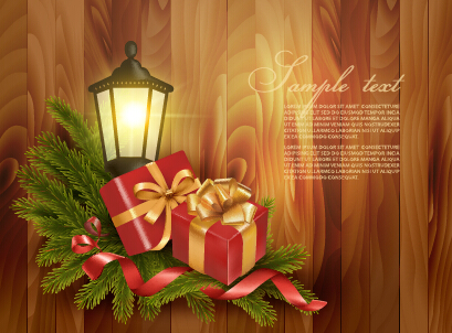 Christmas gift with lamp wooden background vector wooden lamp gift christmas   