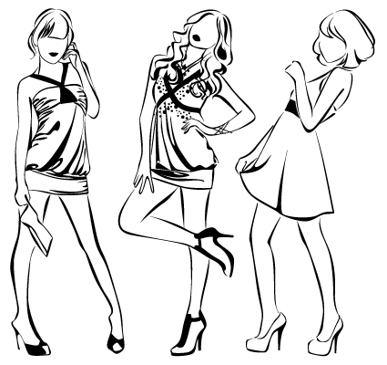 Set of Fashion girl pencil sketch vector 03 sketch pencil girl fashion   