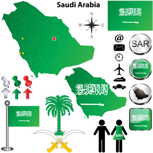 Different countries flags with map and symbols design vector 05 symbols symbol Saudi Arabia map flags flag different countries   