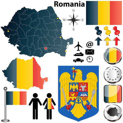 Different countries flags with map and symbols design vector 03 symbols symbol Romania map roman flags flag   