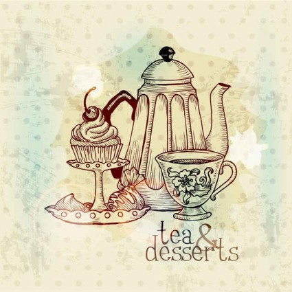 Vintage with retro tea hand drawning vector Retro font painting flower European bird   