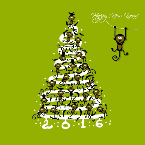 Christmas trees with monkeys new year vector 02 year with trees new monkeys christmas   