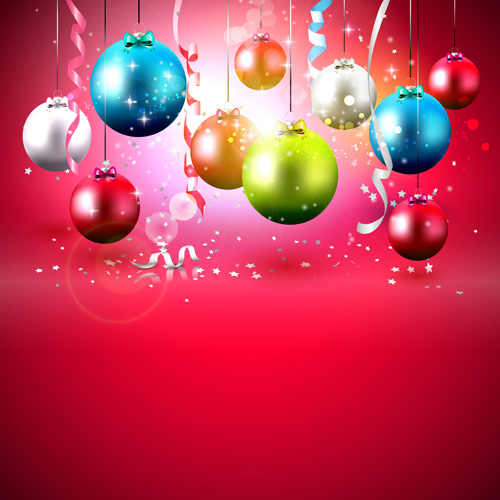 christmas colorful balls with red background vector red colorful christmas balls background   