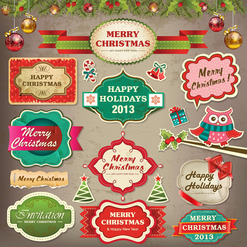 Vintage Christmas labels and elements vector set 03 vintage merry labels label elements element christmas   
