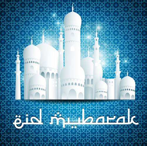 Eid mubarak with Islamic building background vectors 05   