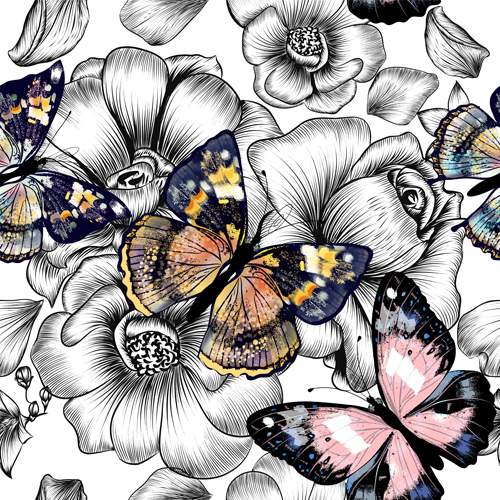 Butterflies with flower hand drawn vector seamless pattern 01 pattern hand flower butterflies   