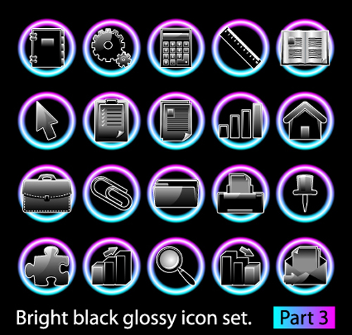 Set of Bright black glossy icon vector 01 icon glossy bright black   