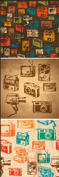 Retro hand drawn recorder with TV and camera vector patterns vector pattern tv Recorder patterns pattern hand-draw hand drawn camera   