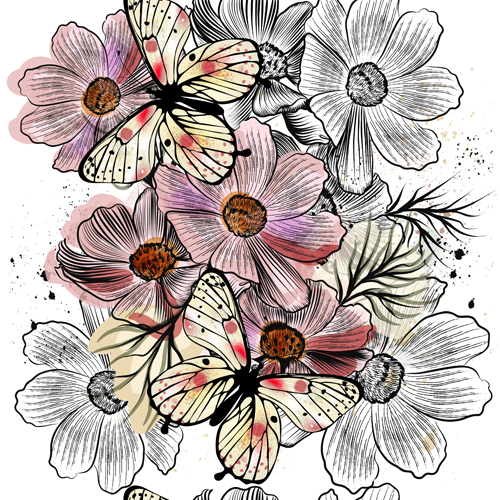 Butterflies with flower hand drawn vector seamless pattern 02 seamless pattern hand flower butterflies   