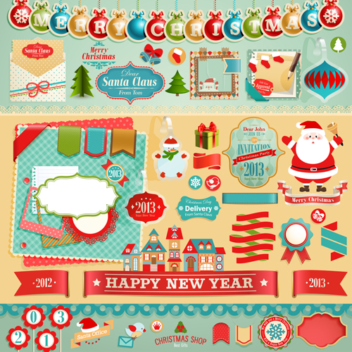 Vintage Christmas labels and elements vector set 05 vintage scrapbook merry elements element christmas 2014   