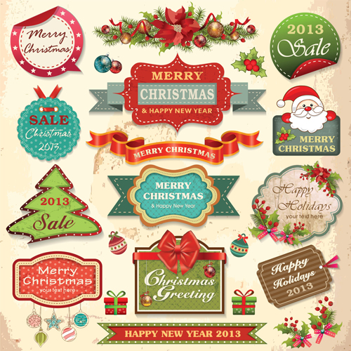 Vintage Christmas labels and elements vector set 04 vintage merry labels label elements element christmas 2014   