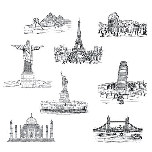 Hand drawn world landmarks building vecor world landmark drawn building   