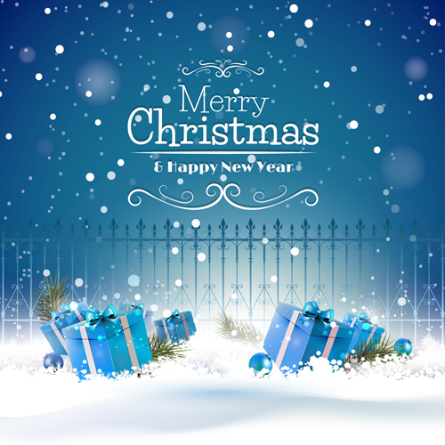 Christmas blue gifts with fence vector background gifts fence christmas blue background   