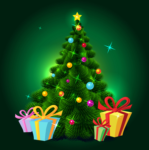 Green christmas tree with gift vector material tree christmas   