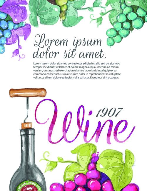 Watercolor wine poster vintage vector material   