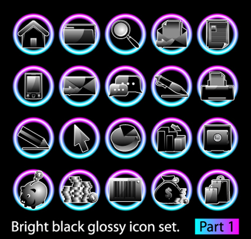 Set of Bright black glossy icon vector 03 icon glossy bright black   