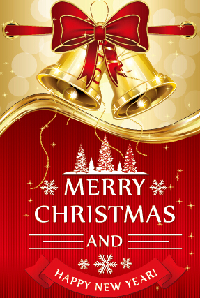 Golden bell christmas with new year red bow background new year golden christmas bow background   